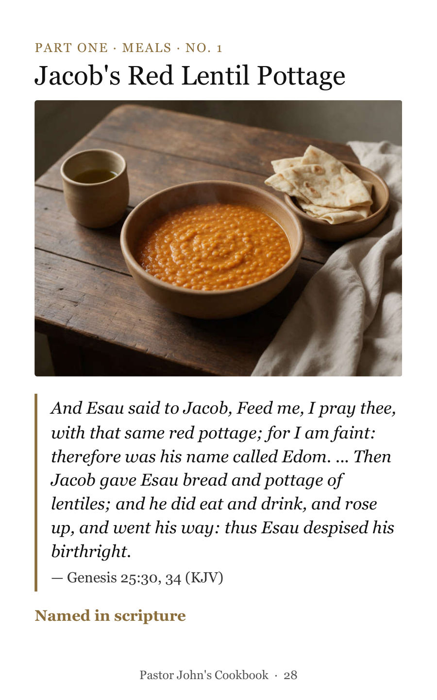 Page 28 of the book: Jacob's Red Lentil Pottage, with its photograph and verse